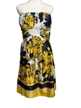 Manoukian Strapless Yellow, Black & White Floral Satin Sundress